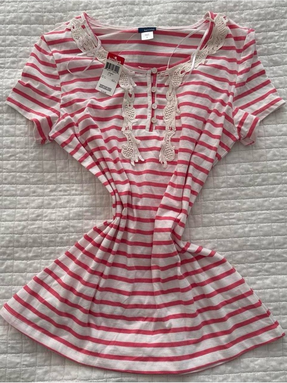 pink and white stripe short sleeve embroidered top